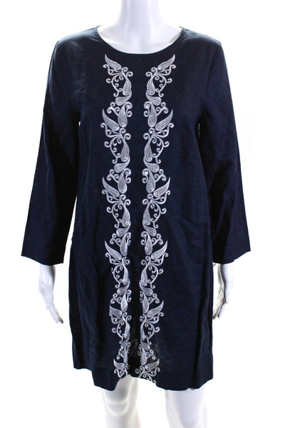 J Crew Womens Embroidered Crew Neck Long Sleeve Shift Dress Navy Linen Small