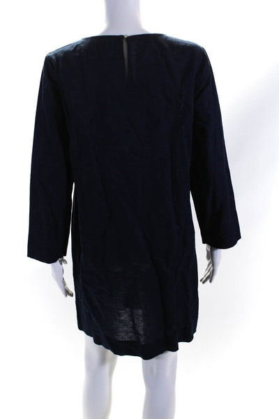 J Crew Womens Embroidered Crew Neck Long Sleeve Shift Dress Navy Linen Small