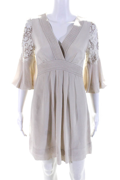 BCBGMAXAZRIA Womens Lace Embroidered Midi Bell Sleeve Silk Dress Beige Size 0