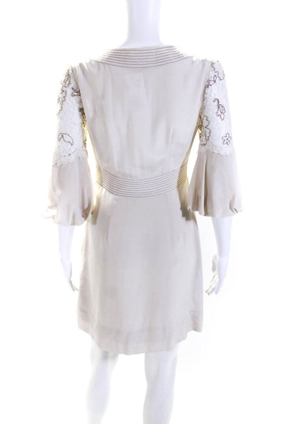 BCBGMAXAZRIA Womens Lace Embroidered Midi Bell Sleeve Silk Dress Beige Size 0