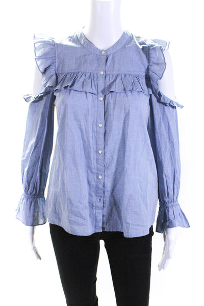 Joie Womens Cotton Button Up Cold Shoulder Long Sleeve Blouse Blue Size XS