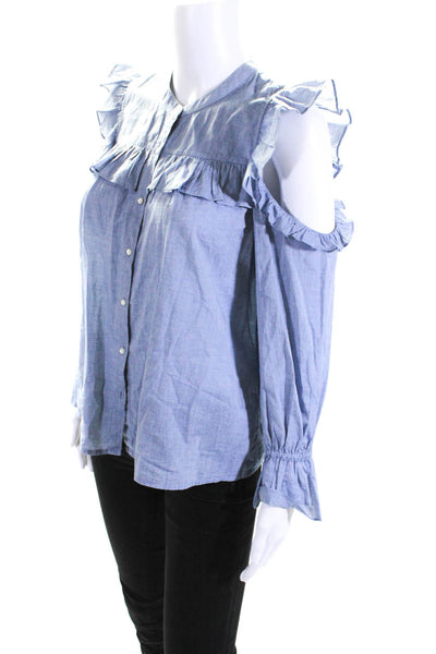 Joie Womens Cotton Button Up Cold Shoulder Long Sleeve Blouse Blue Size XS