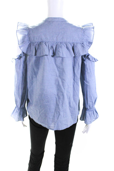 Joie Womens Cotton Button Up Cold Shoulder Long Sleeve Blouse Blue Size XS