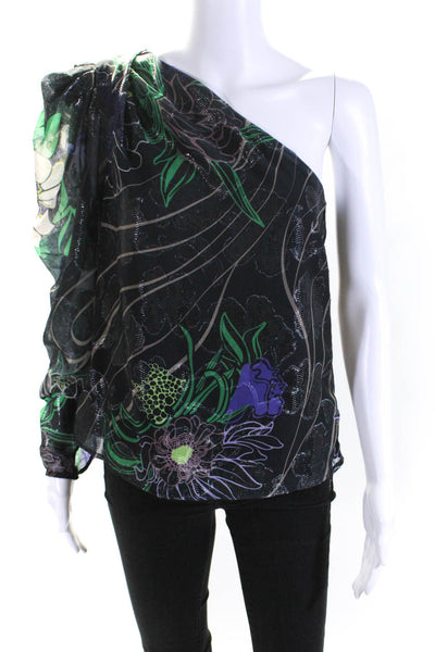 Sabina Musayev Womens One Sleeve Embellished Floral Print Blouse Black Size XS