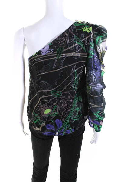 Sabina Musayev Womens One Sleeve Embellished Floral Print Blouse Black Size XS