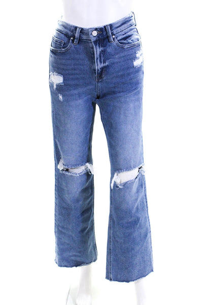 Mica Womens Distressed High Rise Wide Leg Jeans Blue Size 24
