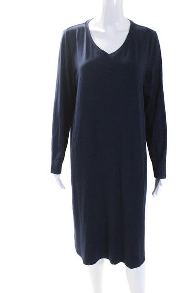 Eileen Fisher Womens Stretch V-Neck Long Sleeve Shirt Dress Navy Size L