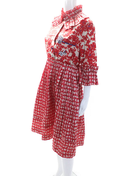 Dice Kayek Womens Floral Print 3/4 Sleeve Fit & Flare Dress Red Beige Size 38