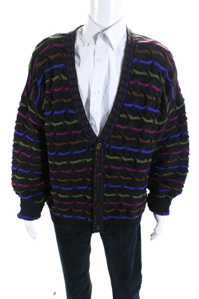 Mondo Di Marco Mens Four Button Striped Cardigan Sweater Black Multi Size Large