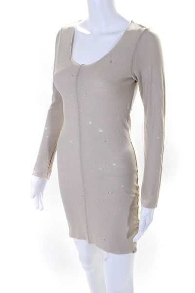 Raquel Allegra Womens Cotton Distressed Scoop Neck Long Sleeve Dress Tan Size 1