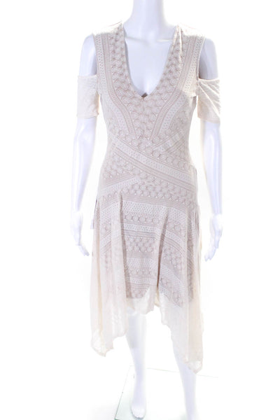 BCBG Max Azria Womens Lace V-Neck Cold Shoulder Sleeve A-Line Dress White Size S