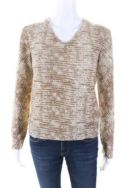 Agnona Womens Cashmere Knit Abstract Printed V-Neck Sweater Top Beige Size 40