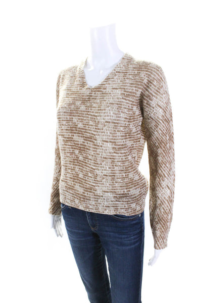 Agnona Womens Cashmere Knit Abstract Printed V-Neck Sweater Top Beige Size 40