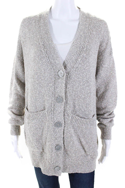 Le Lion Womens Cotton Metallic Sequined V-Neck Cardigan Sweater Gray Size OS