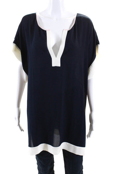 J Crew Womens Short Sleeve V Neck Contrast Trim Tunic Blouse Navy Size M