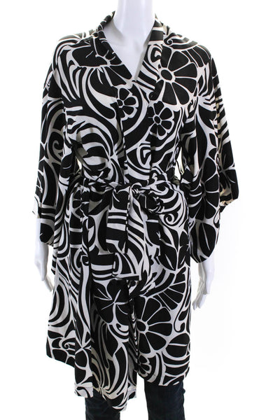 Natori Womens Abstract Print Tie Waist Kimono Black White Size M