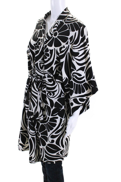 Natori Womens Abstract Print Tie Waist Kimono Black White Size M