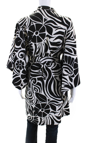 Natori Womens Abstract Print Tie Waist Kimono Black White Size M