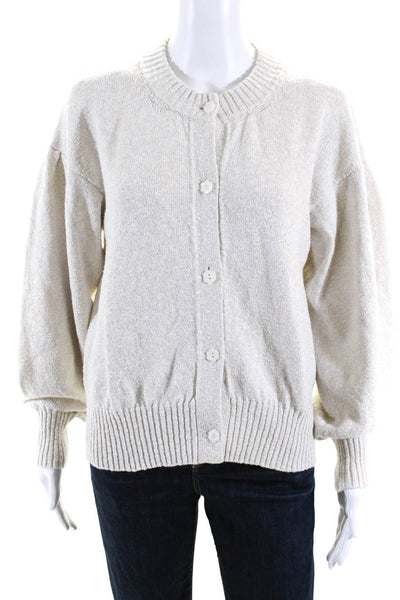 Le Lion Womens Cotton Metallic Knit Button Up Cardigan Sweater Top White Size S