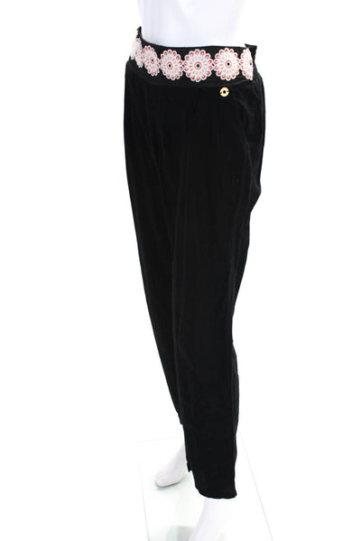 OndadeMar Womens Cotton Embroidered Waistband Straight Leg Pants Black Size M