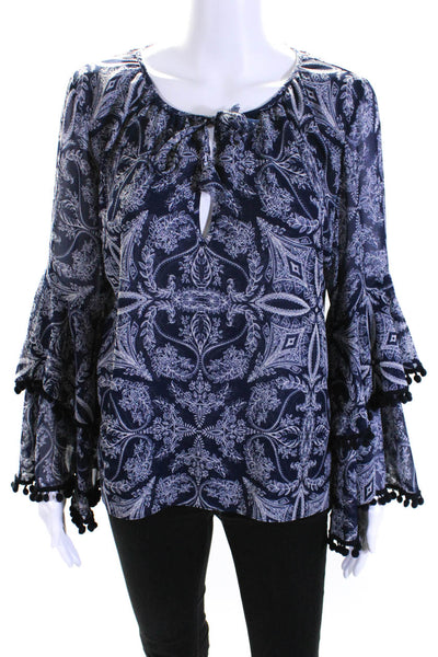 Misa Womens Floral Paisley Tie Neck Bell Sleeve Top Blouse Navy White Size Large