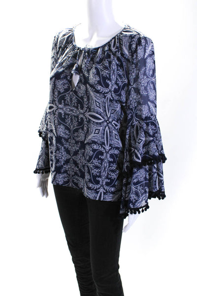 Misa Womens Floral Paisley Tie Neck Bell Sleeve Top Blouse Navy White Size Large