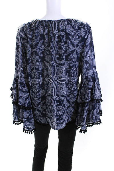 Misa Womens Floral Paisley Tie Neck Bell Sleeve Top Blouse Navy White Size Large