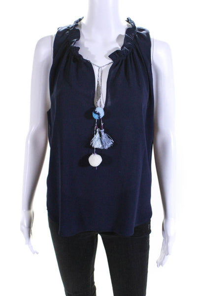 Misa Womens Y Neck Ruffle Pom Pom Tassel Sleeveless Top Blouse Navy Size Large