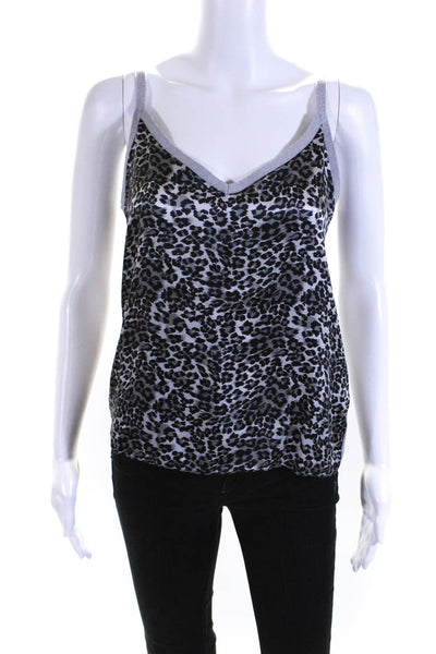 Roi Womens Knit V Neck Leopard Print Silk Satin Tank Top Blouse Gray Size Small