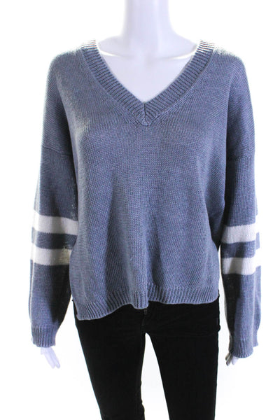 360 Sweater Womens Striped Sleeve V Neck Sweater Blue White Linen Size Medium