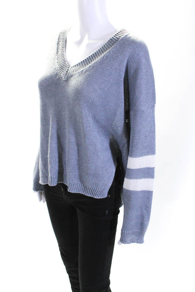 360 Sweater Womens Striped Sleeve V Neck Sweater Blue White Linen Size Medium