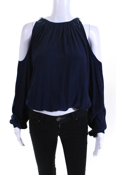 Designer Womens Long Sleeve Cold Shoulder Crew Neck Top Blouse Navy Size Medium