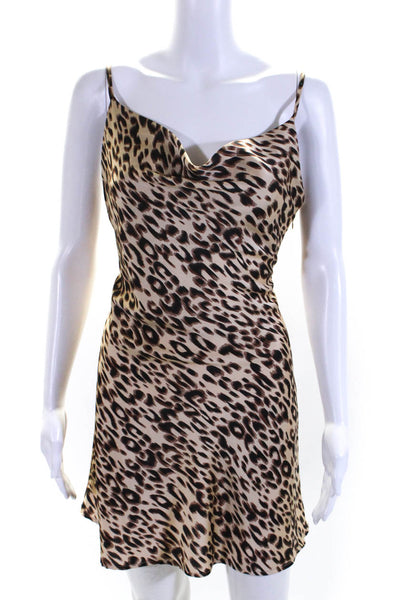 Cotton Candy Womens Leopard Print Satin Scoop Neck Mini Slip Dress Brown Large