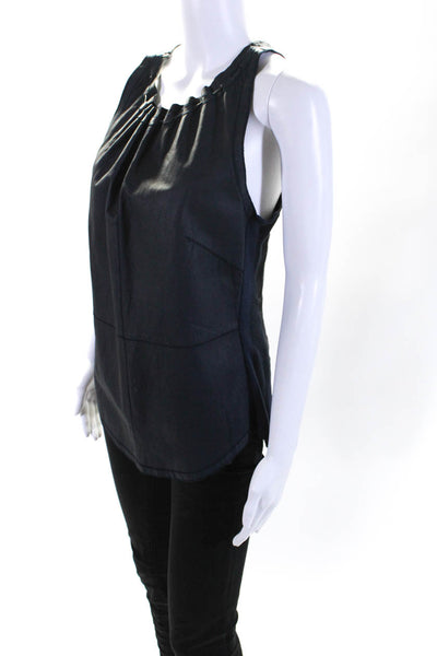 Illia Womens Gathered Crew Neck Leather Linen Canvas Tank Top Blouse Navy Size 8