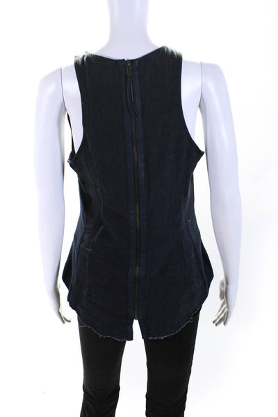 Illia Womens Gathered Crew Neck Leather Linen Canvas Tank Top Blouse Navy Size 8