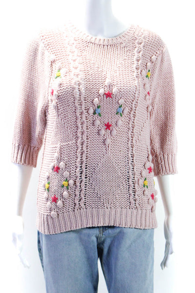 Cotton By Autumn Cashmere Womens Short Sleeve Cable Knit Sweater Pink Size M