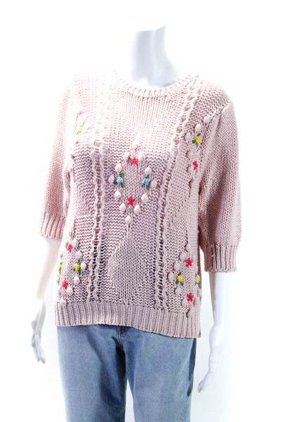 Cotton By Autumn Cashmere Womens Short Sleeve Cable Knit Sweater Pink Size M