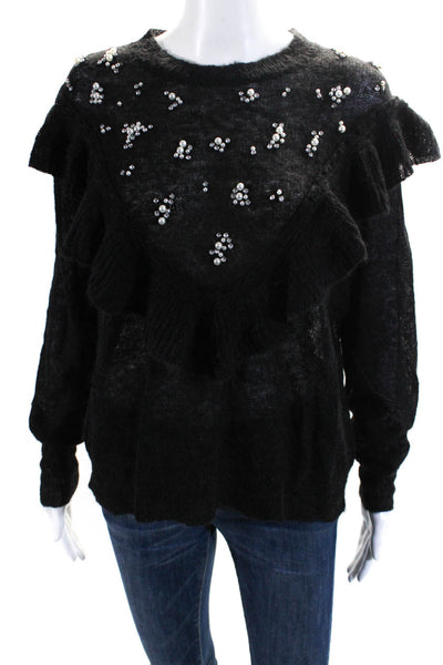 Wildfox Womens Knit Faux Pearl Beaded Ruffled Crew Neck Sweater Top Black Size S