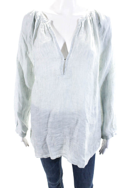 Joie Womens Linen Long Sleeve V  Neck Tunic Blouse Blue Size S