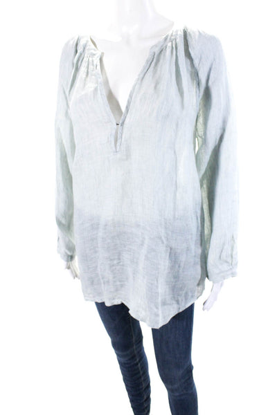 Joie Womens Linen Long Sleeve V  Neck Tunic Blouse Blue Size S