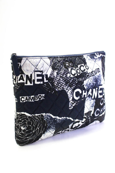 Chanel Womens 2.55 Quilted Camellia Graffiti Cosmetic Bag Clutch Handbag Navy Wh