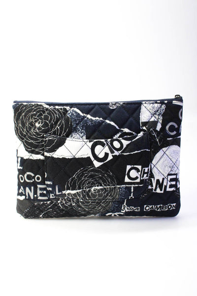 Chanel Womens 2.55 Quilted Camellia Graffiti Cosmetic Bag Clutch Handbag Navy Wh