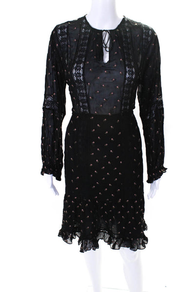 Ulla Johnson Womens Floral Print V-Neck Ruffled Fit & Flare Dress Black Size 2