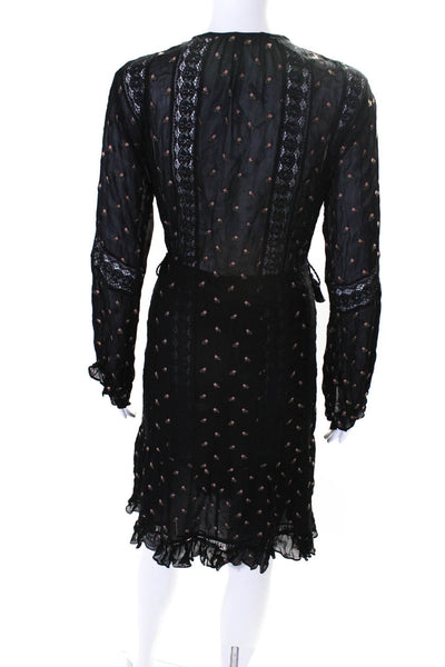 Ulla Johnson Womens Floral Print V-Neck Ruffled Fit & Flare Dress Black Size 2