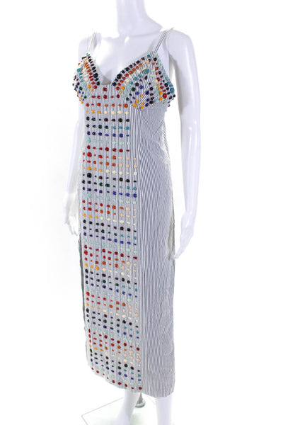 Rosie Assoulin Womens Cotton Striped Beaded Sleeveless Maxi Dress White Size 6