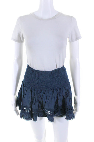 Sure Gypsy Womens Stretch Ruched Pom Pom Trim Tiered Mini Skirt Blue Size L