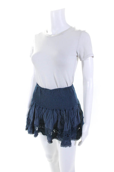 Sure Gypsy Womens Stretch Ruched Pom Pom Trim Tiered Mini Skirt Blue Size L