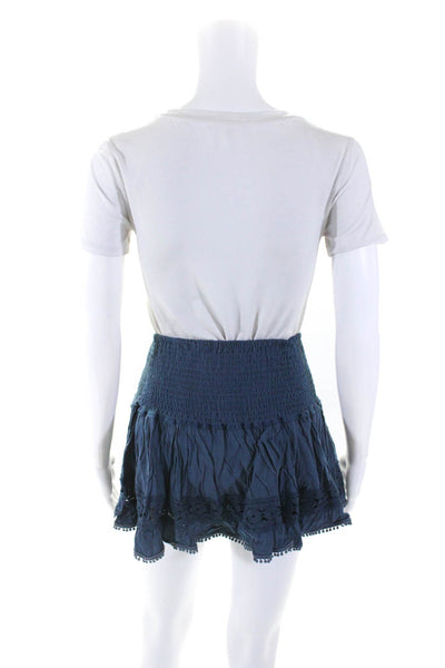 Sure Gypsy Womens Stretch Ruched Pom Pom Trim Tiered Mini Skirt Blue Size L