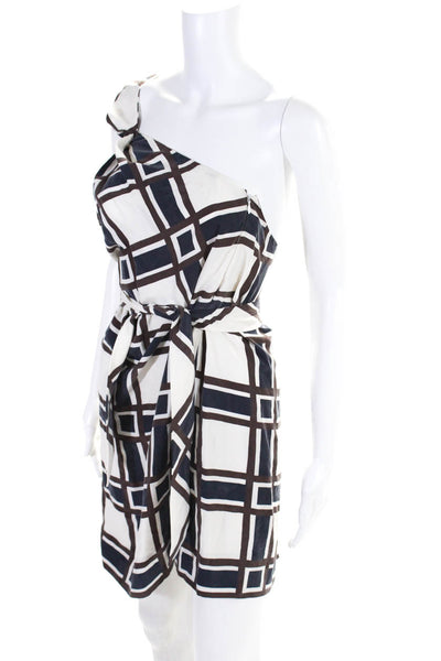 Designer Womens Silk Geometric Snap Button Halter Mini Dress White Size EUR40