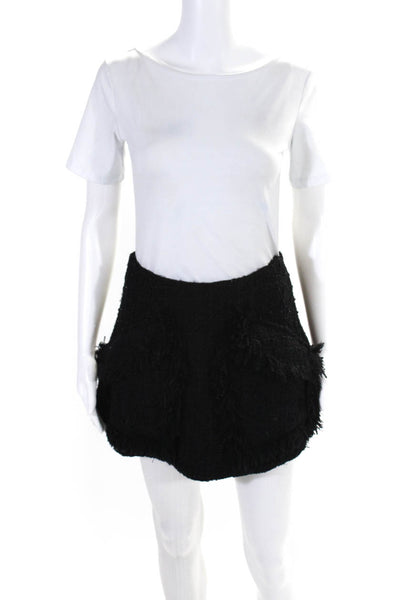 Goen J Womens Wool Textured Fringed Side Zipped A-Line Skirt Black Size 4